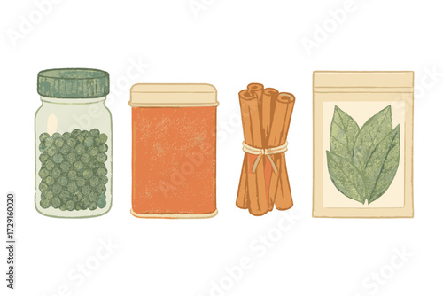 Collection of essential kitchen spices and dried herbs including peppercorns, cinnamon sticks, and bay leaves for cooking