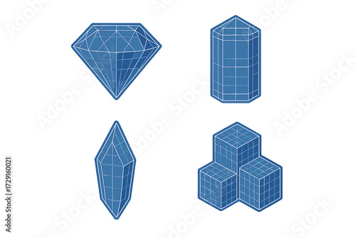 Abstract geometric shapes with blueprint grid overlay, including faceted diamond, elongated crystal, cylindrical prism, and cubic forms