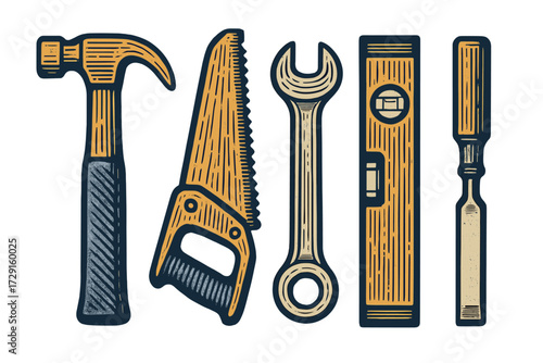 Assortment of common household and professional construction tools including hammer, saw, wrench, level, and chisel