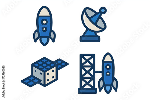 Space exploration elements with rockets, satellite dish, and orbital communication devices