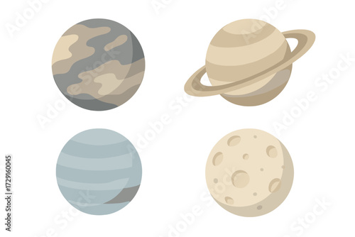 Diverse collection of celestial bodies featuring planets and a cratered moon in the vastness of space