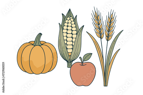Vibrant seasonal autumn harvest produce collection featuring a pumpkin, ear of corn, red apple, and golden wheat stalks