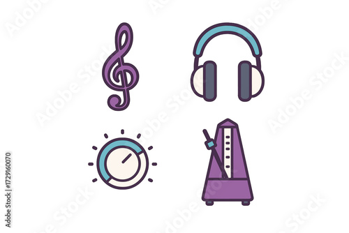 Collection of music and audio equipment icons featuring treble clef, headphones, volume dial, and metronome symbols