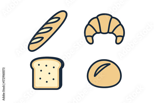 Assortment of fresh baked goods including baguette croissant sliced bread and round bun for bakery menu design