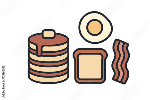 Delicious morning meal with stacked pancakes, golden fried egg, crispy bacon, and a slice of toasted bread
