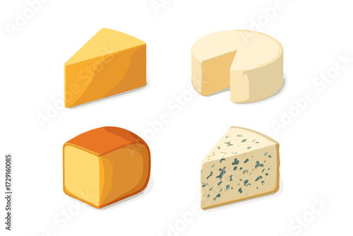 Assortment of various cheese types, including cheddar, brie, and blue cheese, presented as wedges and wheels on a white background