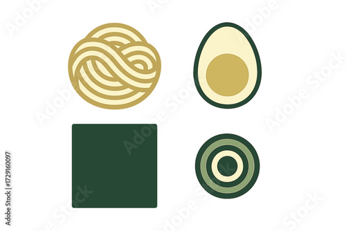 Modern flat design elements for Asian food dishes featuring golden noodles a sliced hard-boiled egg dark green nori and concentric green rings