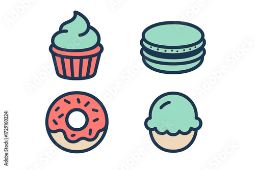 Vibrant collection of popular sweet treats and baked goods including a frosted cupcake, a classic macaron, and a glazed donut