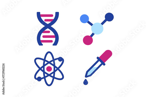 Scientific research symbols including DNA helix, molecular structure, atomic model, and laboratory pipette