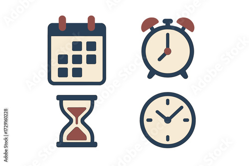 Collection of essential time management and scheduling icons including calendar, alarm clock, hourglass, and wall clock symbols