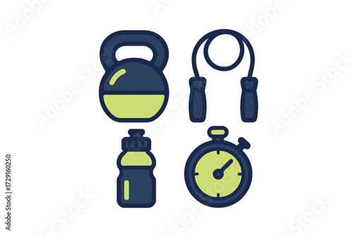 Collection of essential fitness equipment including kettlebell, jump rope, water bottle, and stopwatch for gym workouts and active lifestyle