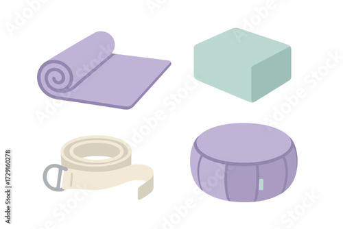 Various yoga and meditation accessories including a rolled mat, rectangular block, long strap, and round cushion for mindful exercise