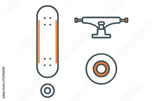 Skateboard deck truck and wheels components for extreme sports equipment, urban lifestyle, and youth culture