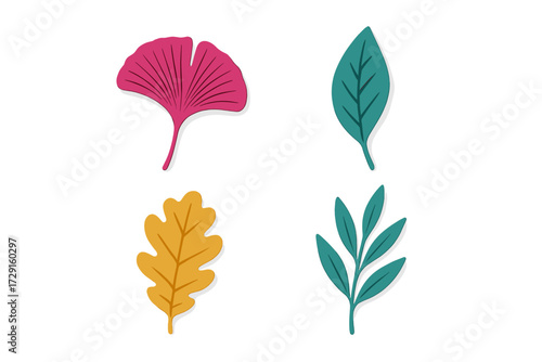 Assorted botanical leaves in a contemporary flat graphic style with vibrant colors and clean lines for seasonal designs