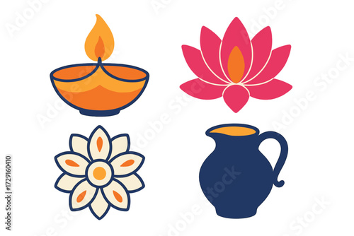 Vibrant collection of cultural and spiritual symbols featuring a glowing diya lamp, beautiful lotus flower, decorative blossom, and traditional pitcher
