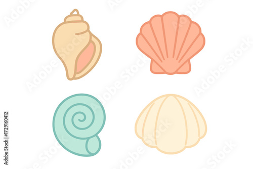Stylized marine mollusk shells with conch, scallop, and spiral patterns, rendered in soft pastel colors for summer and beach designs
