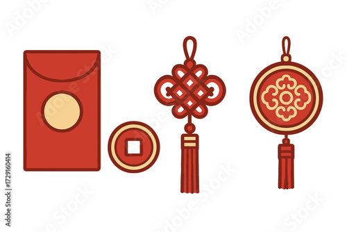 Traditional Chinese New Year symbols including red envelope, ancient coin, decorative knot, and lucky ornament