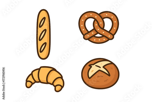 Delicious selection of freshly baked bread and pastry items including baguette croissant pretzel and round loaf