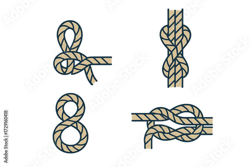 Various rope knots and nautical ties for marine, sailing, climbing, camping, and survival skills