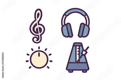 Music production and audio equipment icons including treble clef, headphones, volume knob, and metronome