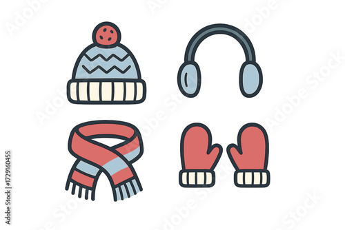 Essential winter clothing accessories set with knitted hat, warm earmuffs, striped scarf, and cozy mittens for cold weather