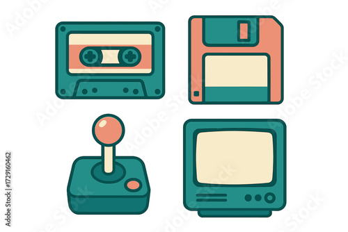 Collection of retro technology devices including a cassette, floppy disk, joystick, and old television monitor