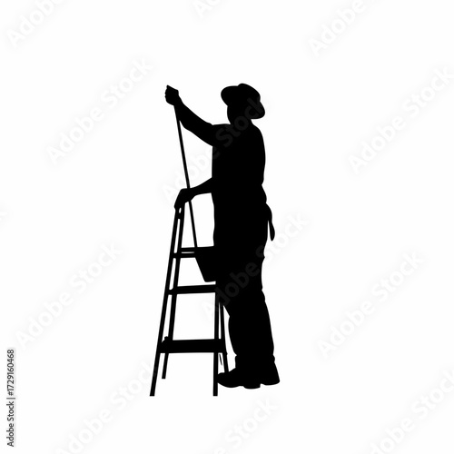 Silhouette of a worker cleaning feeding equipment isolated on white background