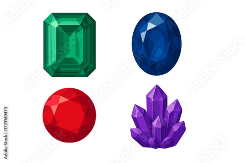 Vibrant collection of faceted emerald, sapphire, ruby, and amethyst crystal cluster on a clean white background