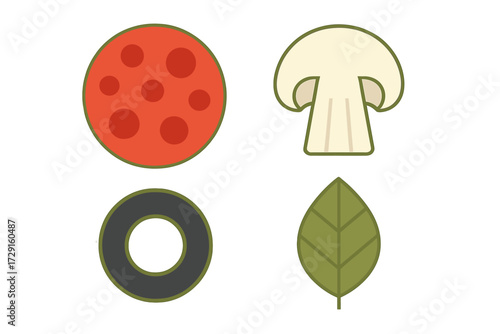 Variety of pizza toppings featuring pepperoni, mushroom, olive, and basil leaf for culinary projects