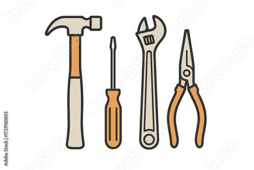 Collection of essential hand tools for various tasks including construction, repair, and maintenance
