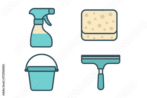 Variety of essential household cleaning supplies and equipment for domestic chores and maintaining a clean and hygienic home environment