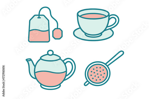 Collection of tea related icons including teabag, teacup, teapot, and strainer in a modern flat design style
