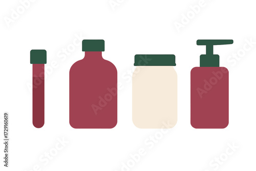 Flat design collection of diverse liquid storage vessels including a test tube, bottle, jar, and pump dispenser for various uses