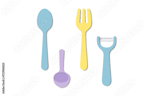 Modern minimalist colorful pastel kitchen utensils set with spoons, a fork, and a vegetable peeler