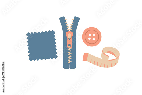 Essential sewing and tailoring supplies including fabric swatch, open zipper, round button, and flexible measuring tape