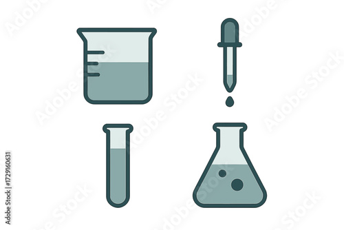 Essential scientific laboratory glassware including beaker, test tube, flask, and dropper for chemistry experiments