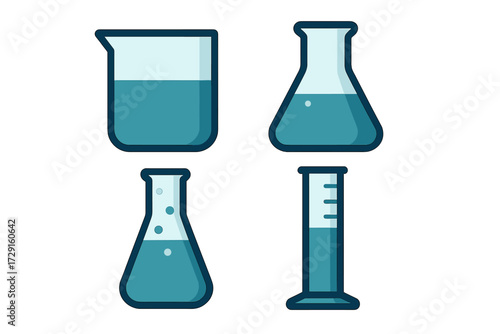 Collection of essential laboratory glassware filled with blue liquid for scientific experiments and chemical analysis