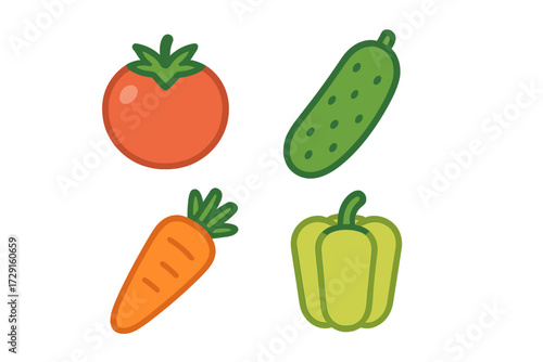 Vibrant fresh organic vegetables: ripe tomato, crisp cucumber, sweet carrot, green bell pepper for balanced diet and nutritious meals