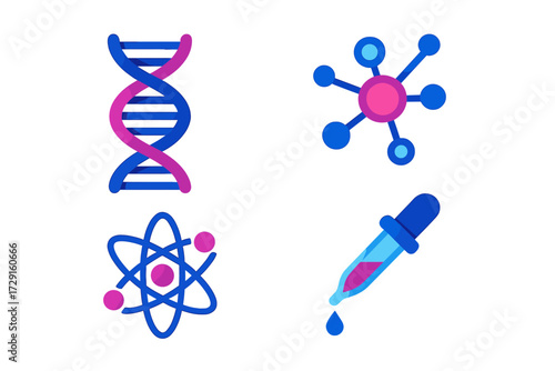 Detailed scientific research icons featuring DNA helix, atom, molecule structure, and chemical dropper for educational and laboratory concepts
