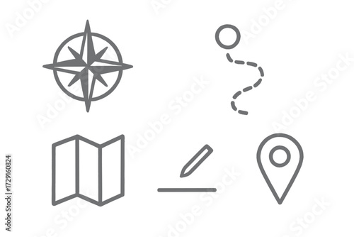 Essential navigation and travel planning icons including compass rose map route and location pin