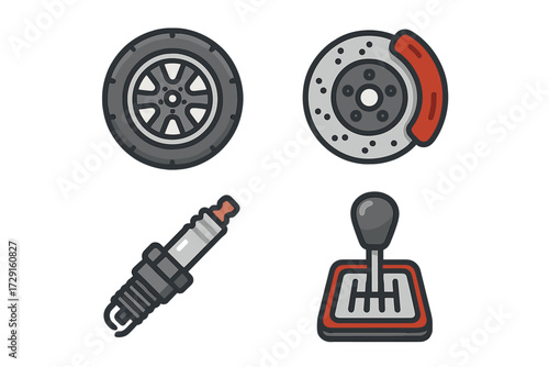 Collection of essential automotive components: car tire, brake disc with caliper, spark plug, and manual gear shift