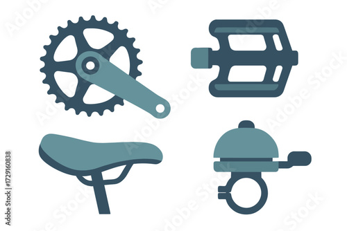 Essential bicycle components for cycling, including crankset, pedal, saddle, and bell, depicted in a clean, modern graphic style