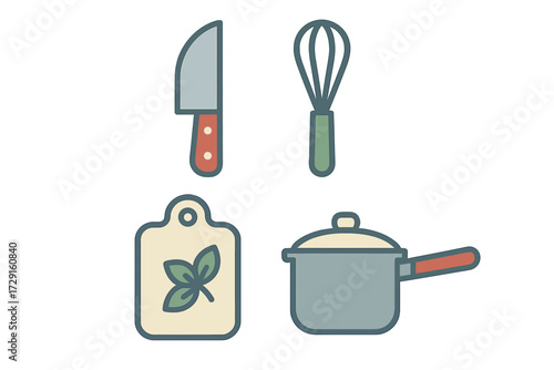 Assortment of essential kitchen utensils and cooking equipment including a knife, whisk, cutting board, and saucepan for culinary activities and food preparation