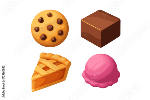 Assortment of sweet desserts including chocolate chip cookie, brownie, pie slice, and strawberry ice cream scoop