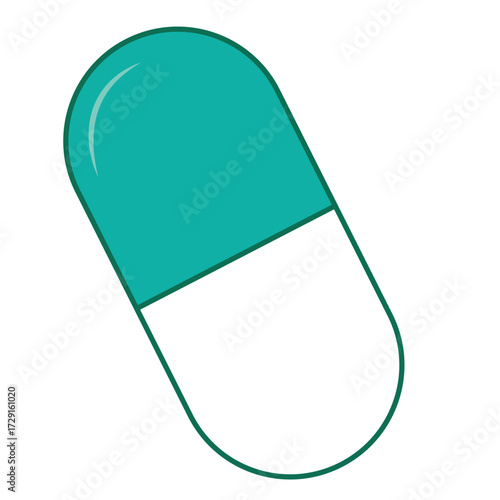 A simple, stylized illustration of a capsule pill with a teal left half and a white right half, outlined in dark blue. It represents medicine or pharmaceutical products.