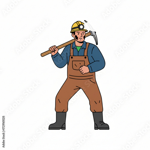 A miner wearing a helmet and overalls holding a pickaxe, ready for work.