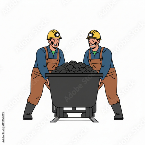 Two miners wearing helmets and overalls are pushing a cart filled with coal."