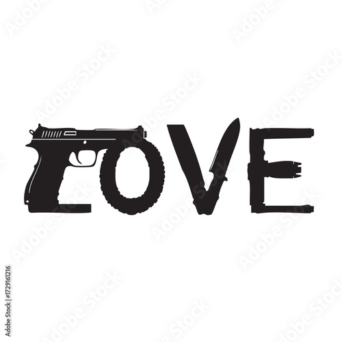 Controversial LOVE Typography Vector — Stylized Word Design Using Gun, Tire, Knife, and Firearm Parts for Urban Concept Art