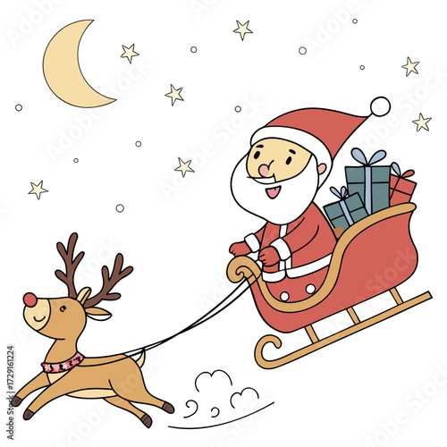 vector illustration of Child's drawing Santa Claus in sleigh with reindeer delivering presents 