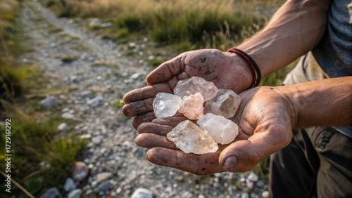 Earth-covered hands tightly holding raw crystals outdoors, capturing geology exploration, mineral discovery, and natural gemstone connection.”